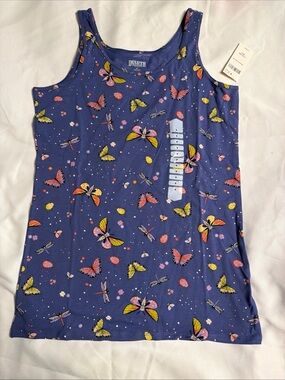 Duluth No Yank Tank Top Purple Butterfly Dragonfly Beetle Print Stretch Size M